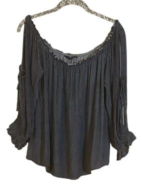 American Eagle Outfitters Navy and White Pin Strip Off-Shoulder Peasant Blouse
